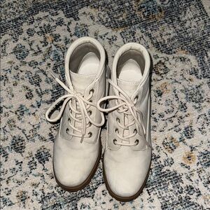 Cream Lace Up Boots with Textured Leather Finish